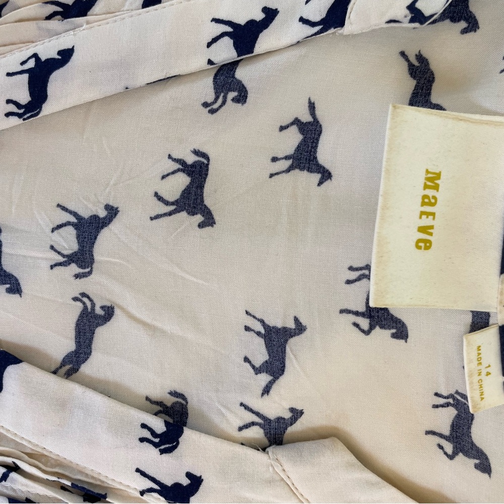 Maeve Cream and Navy Horse Pattern Long Sleeve Button- Up Blouse - Size 14 - Picture 4 of 5